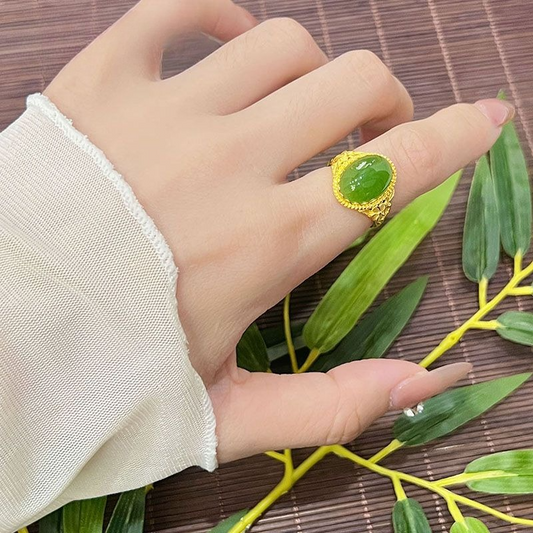 Aurakin, gold inlaid jade ring women's gold Hetian jade ring inlaid jasper open gold ring women's ring - AuraKin