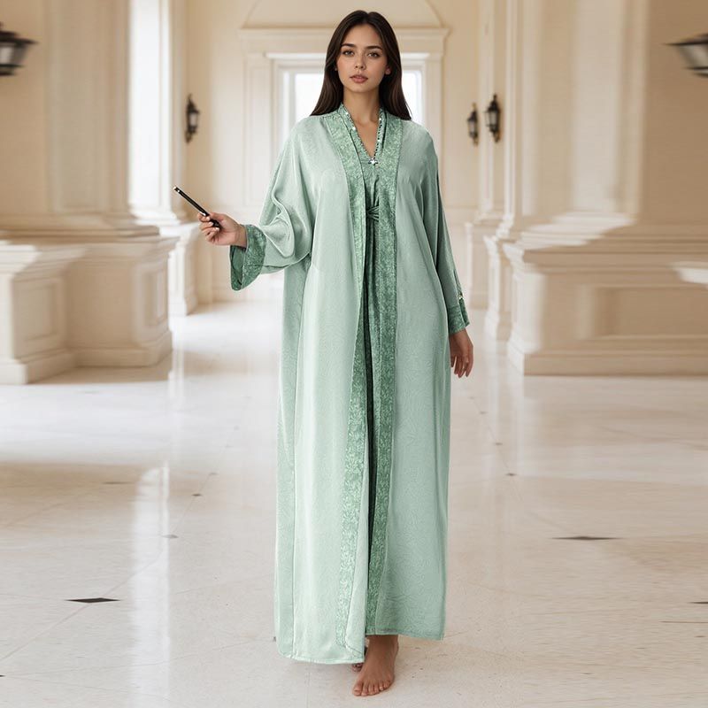 Malaysia Dubai Handmade Rice Bead Dress V-Neck Ethnic Robe Two-piece Turkish Printed Holiday Robe middle - AuraKin