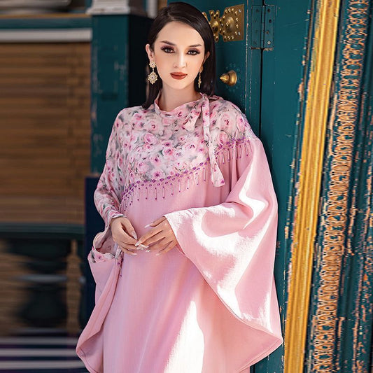 Turkey Dubai Pink Printed Bat Sleeve Dress Summer Women's Upscale Beaded Arabian Holiday Robe middle - AuraKin