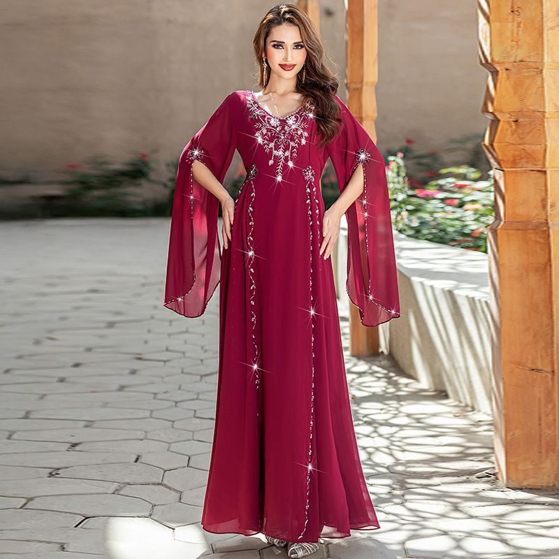 Middle East Dubai Ladies Handmade Beaded Dress Summer Dress Burgundy V-Neck Celebrity Dress Arabian Robe - AuraKin