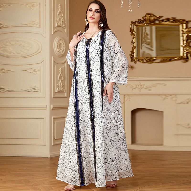 Carl and Dubai bead embroidered long dress crew neck conservative women's clothing Malay Indian fashion robe middle - AuraKin