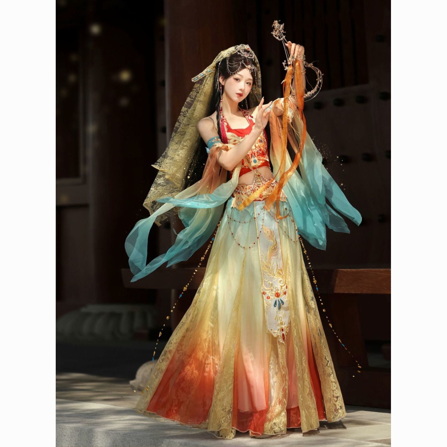 Muhua Original [Princess of the Western Regions] Hanfu Female Improved Exotic Wind Embroidery Tang Dunhuang Feitian Broken Skirt Set - AuraKin