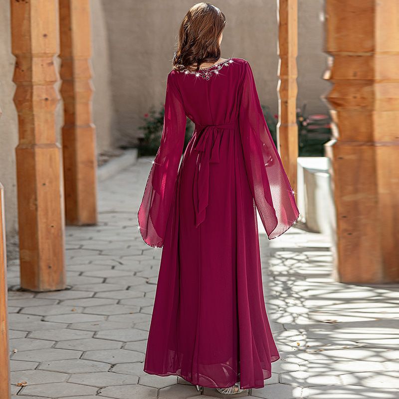 Middle East Dubai Ladies Handmade Beaded Dress Summer Dress Burgundy V-Neck Celebrity Dress Arabian Robe - AuraKin