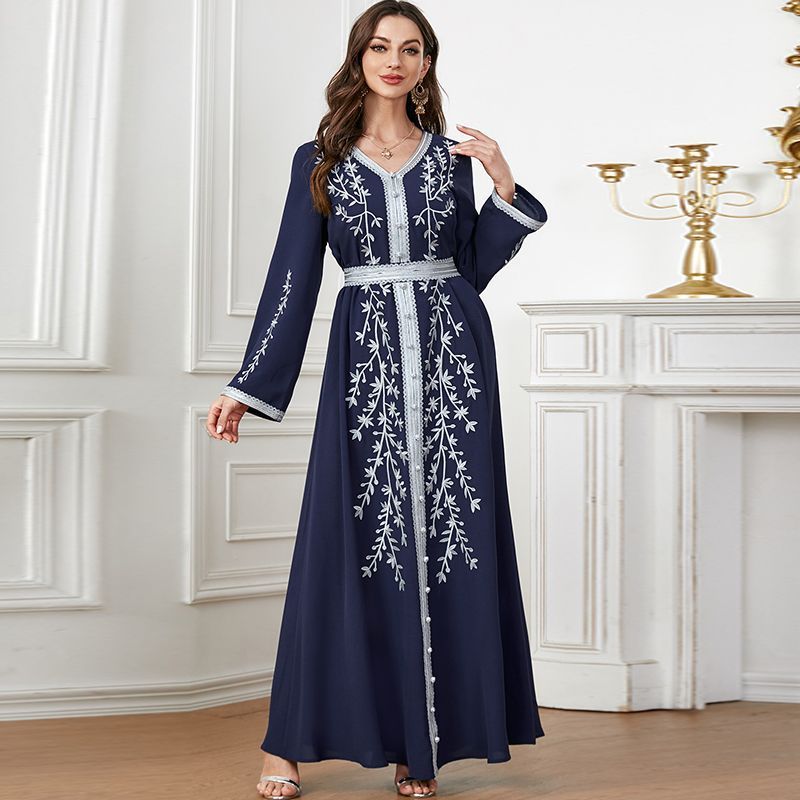 2024 New Summer Middle East Dubai Clothing V-Neck Embroidered Long Turkish Dress Waist Temperament Long Dress [Shipped within 15 days] - AuraKin