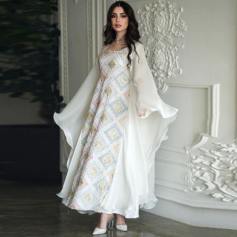 2025 Summer Dubai Style Women's White Robe Bat Sleeve Crew Neck Temperament Elegant Dress Malay Sequins Embroidered Robe middle - AuraKin