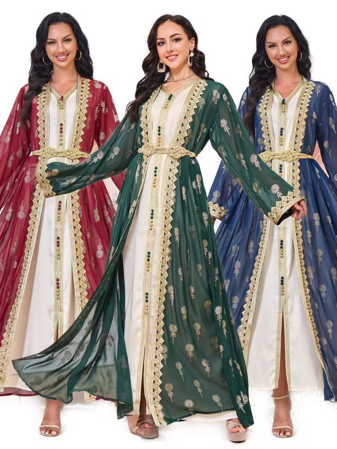 Large Size Women's Robe Embroidered Cardigan Dubai Middle East Two-piece Dress V-Neck European and American Long Sleeve Bohemia - AuraKin