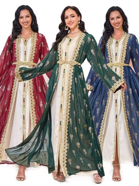 Large Size Women's Robe Embroidered Cardigan Dubai Middle East Two-piece Dress V-Neck European and American Long Sleeve Bohemia - AuraKin