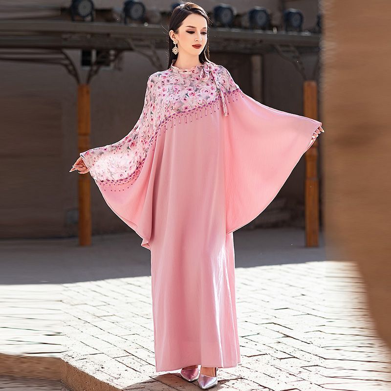 Turkey Dubai Pink Printed Bat Sleeve Dress Summer Women's Upscale Beaded Arabian Holiday Robe middle - AuraKin