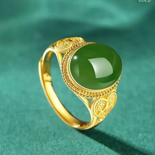 Aurakin Jewelry Hetian green Jade Ring - Full Gold Jasper Ring with Gift Box for Girlfriend - AuraKin