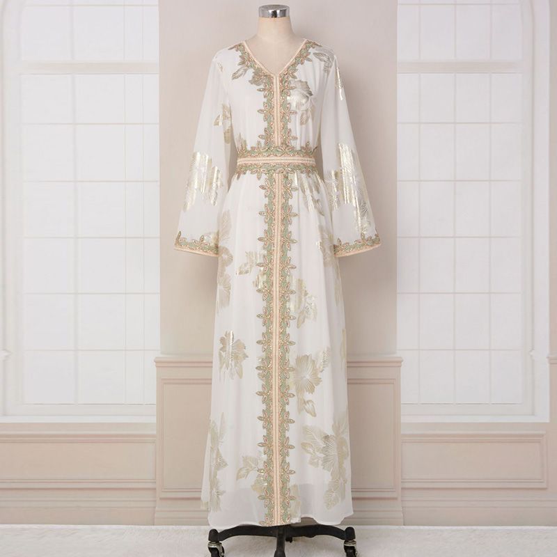 Middle East Morocco Women's Robe V-Neck Elegant Long Sleeve Dress Dubai White Robe Bronzing Slim Fit Malay Dress - AuraKin