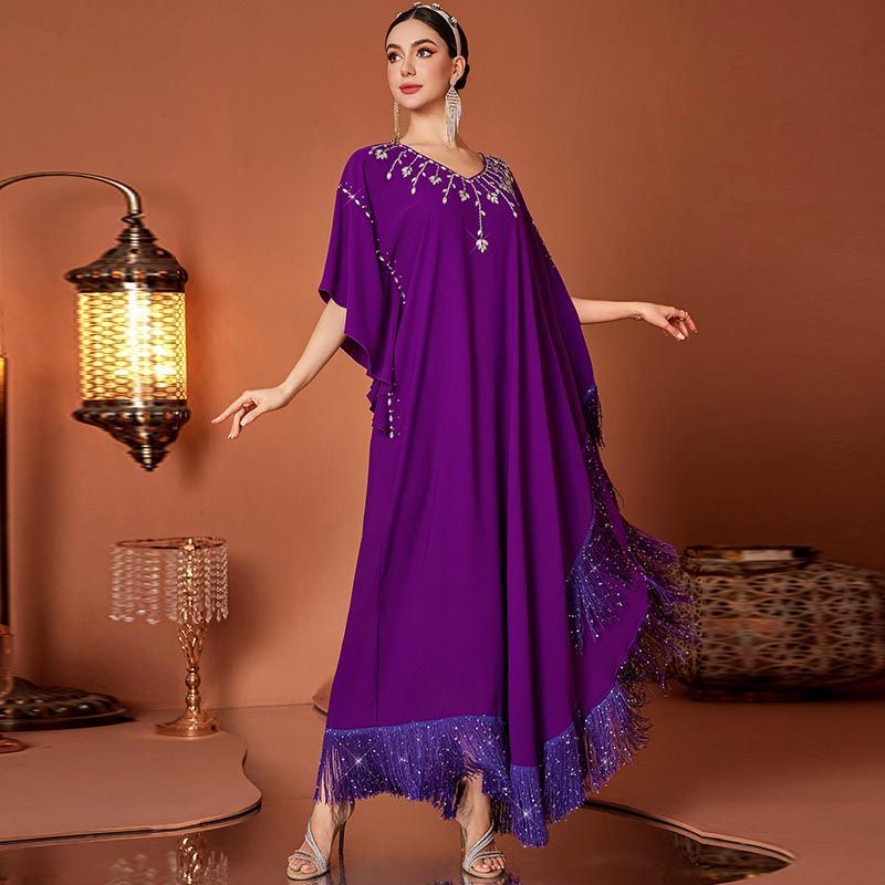 Dubai style women's luxury sequined fringed dress V-neck bat sleeve elegant dress Xinjiang irregular robe middle - AuraKin