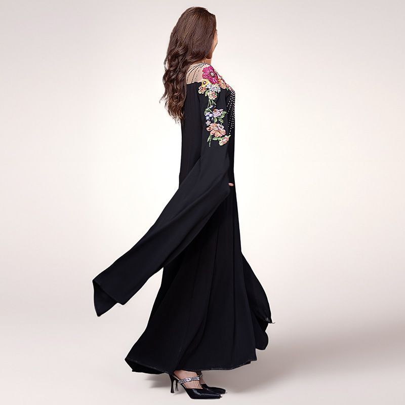 Middle East Arabian super long-sleeved dress skirt women's light luxury applique embroidered beads elegant style dress Dubai robe - AuraKin