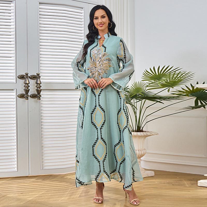 Dubai Women's Robe V-Neck Celebrity Banquet Dress Conservative Dress Collar Sequins Turkish Travel Dress middle - AuraKin
