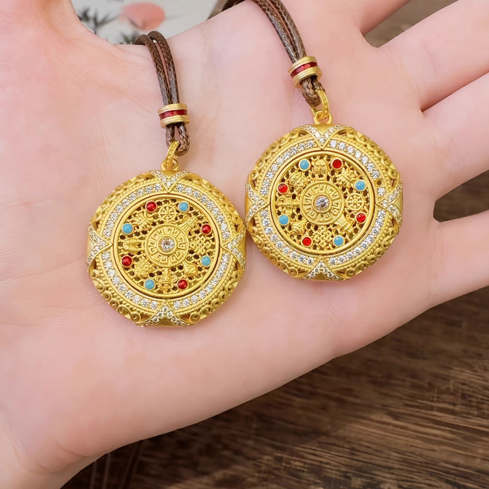AuraKin Silver Enamel Necklace Fu Wheel