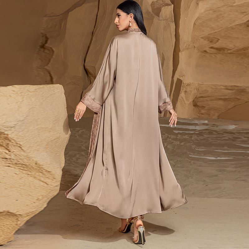 Malaysia Dubai Handmade Rice Bead Dress V-Neck Ethnic Robe Two-piece Turkish Printed Holiday Robe middle - AuraKin