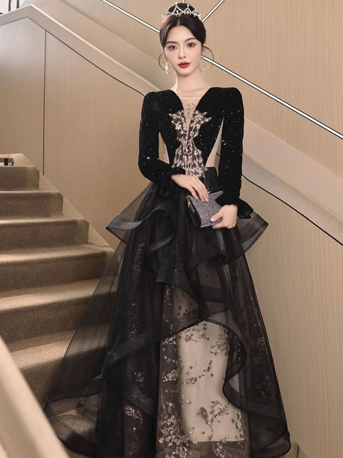 New Year's Black Evening Dress French Banquet Premium Sense Light Luxury Niche High-end Dinner Annual Meeting Host Bar Mitzvah middle - AuraKin