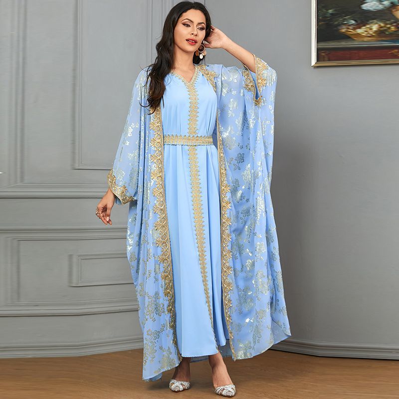 Turkey Dubai women's bronzing V-neck two-piece robe summer dress temperament luxury dress Malay travel dress middle - AuraKin