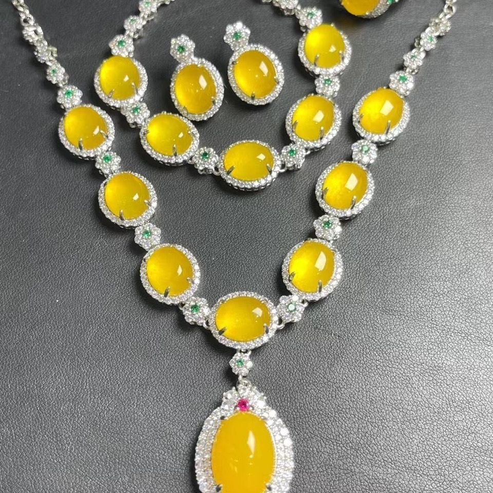 Natural Yellow Jade Luxury Necklace Set - Four-Piece Jadeite and Diamond Inlaid Collection - AuraKin