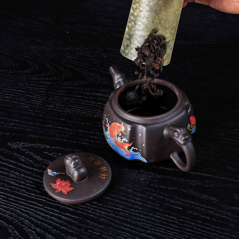 Raw ore purple clay pot color-changing square Pixiu teapot brocade future one pot two cups household kung fu tea set small set - AuraKin