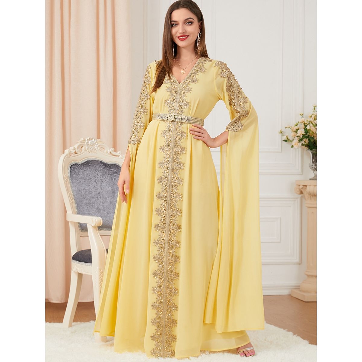 New Middle East Dubai women's clothing splicing super long-sleeved autumn women's clothing abaya dress dress [Shipped within 15 days] - AuraKin