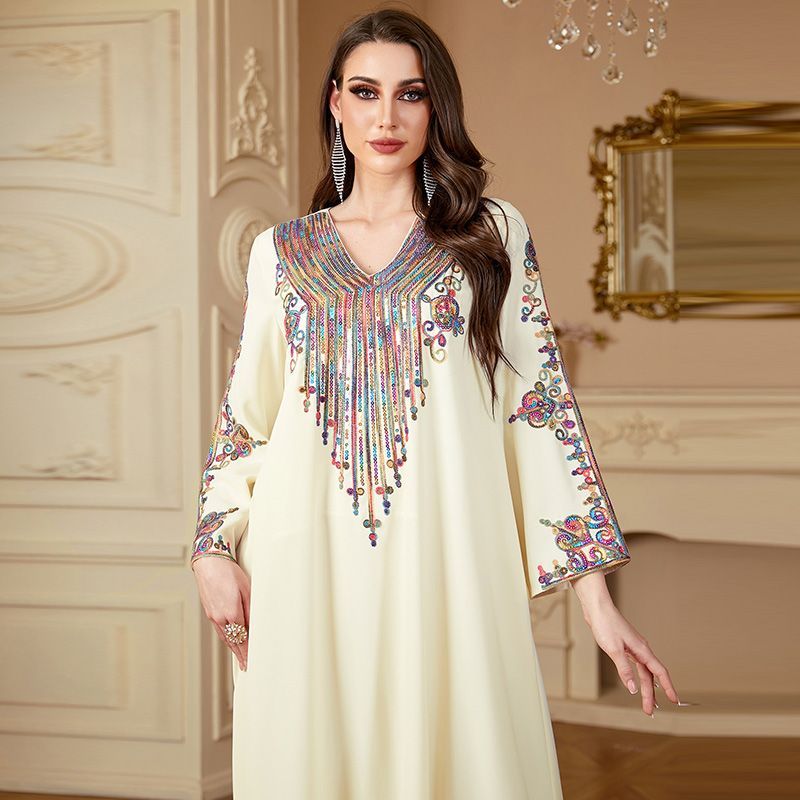 Malaysian women's rope embroidery loose fashion Dubai style long dress summer apricot V-neck long-sleeved robe middle - AuraKin