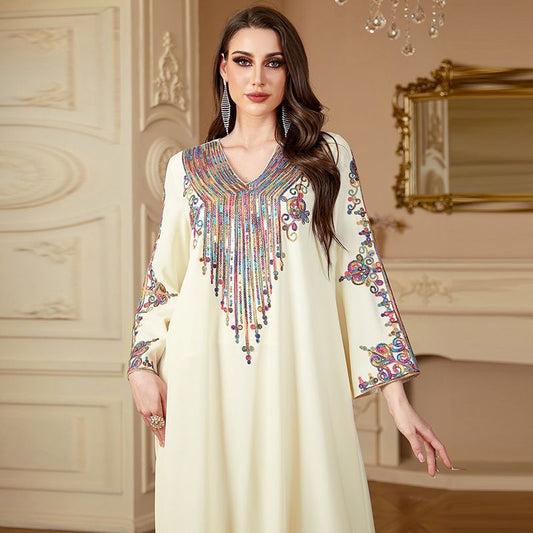 Malaysian women's rope embroidery loose fashion Dubai style long dress summer apricot V-neck long-sleeved robe middle - AuraKin