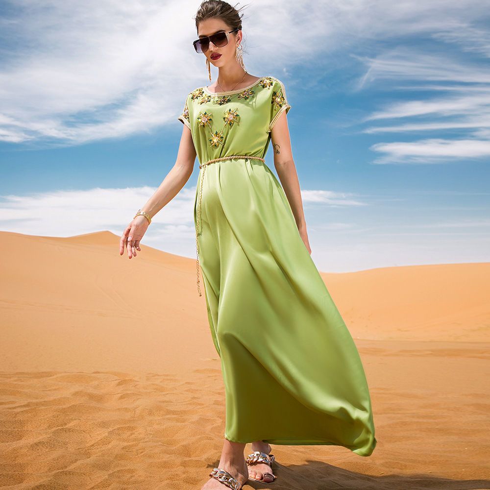 Middle Eastern Arabian High-end Dress Avocado Green Waldorf Satin Celebrity Dress Hand-Sewn Diamond Dubai Robe - AuraKin