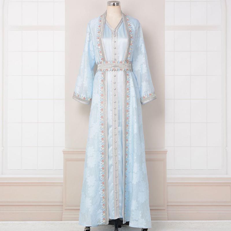 Middle Eastern Arabian Women's V-Neck Embroidered Elegant Long Sleeve Dress Vintage Dubai Gown Cardigan Two-piece Set - AuraKin