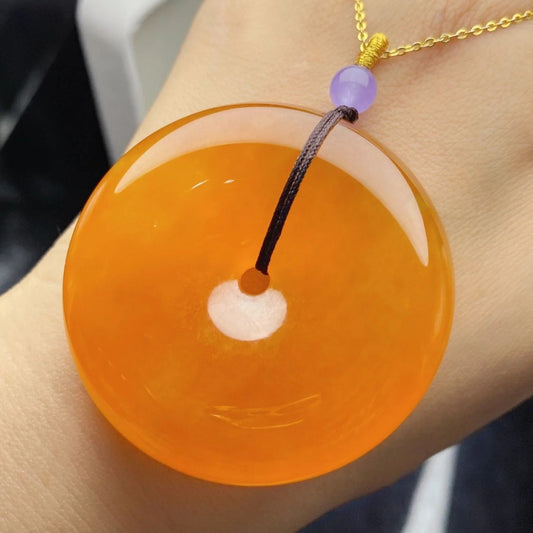 Myanmar Jade Pendant - Pure Natural Jadeite Ice Glutinous Seed Full Color Orange Yellow Safety Buckle - AuraKin