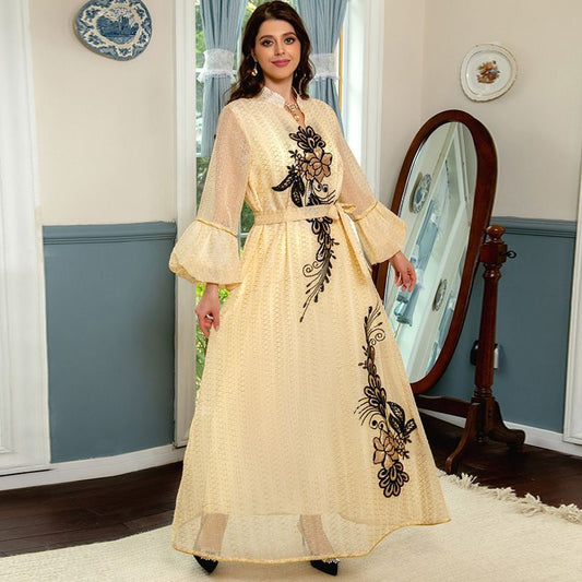 Saudi Arabian ethnic style embroidered robe sequined elegant Dubai style women's clothing to ankle Indian traditional dress - AuraKin