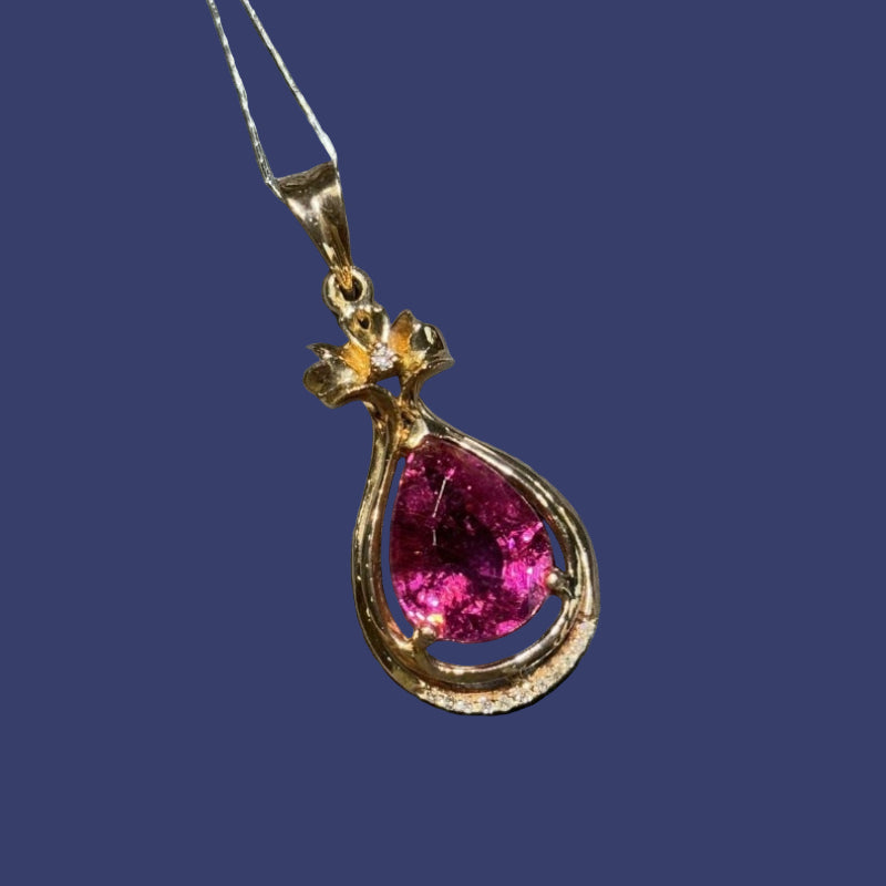 18k Gold Red Tourmaline Necklace with Water Drop Pink Rubilai and Diamond Magnolia Flower Pendant 7*10mm Custom - AuraKin