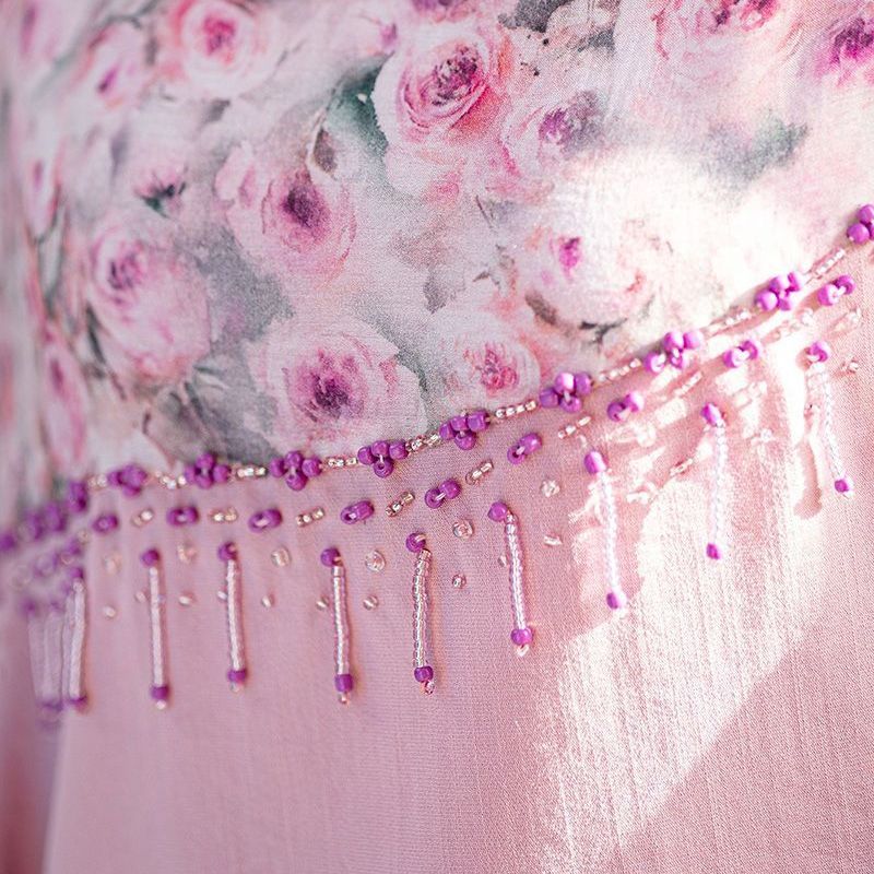 Turkey Dubai Pink Printed Bat Sleeve Dress Summer Women's Upscale Beaded Arabian Holiday Robe middle - AuraKin