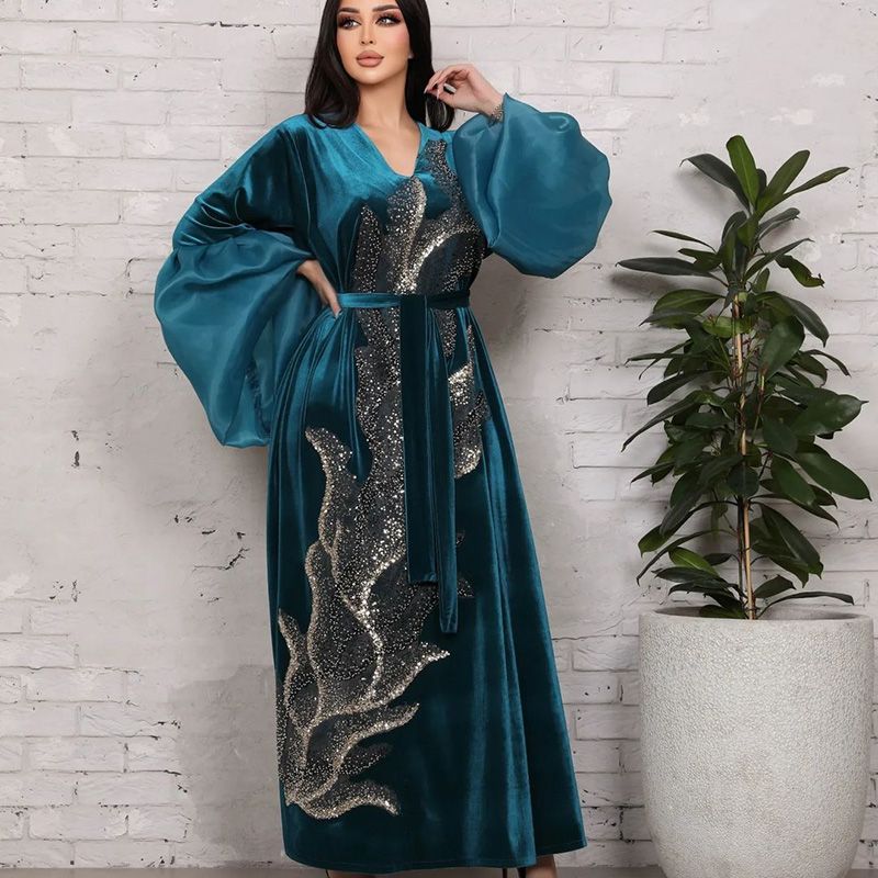 Autumn and winter bubble sleeves elegant style Arab dress golden velvet noble three-dimensional bead embroidered Dubai robe middle - AuraKin