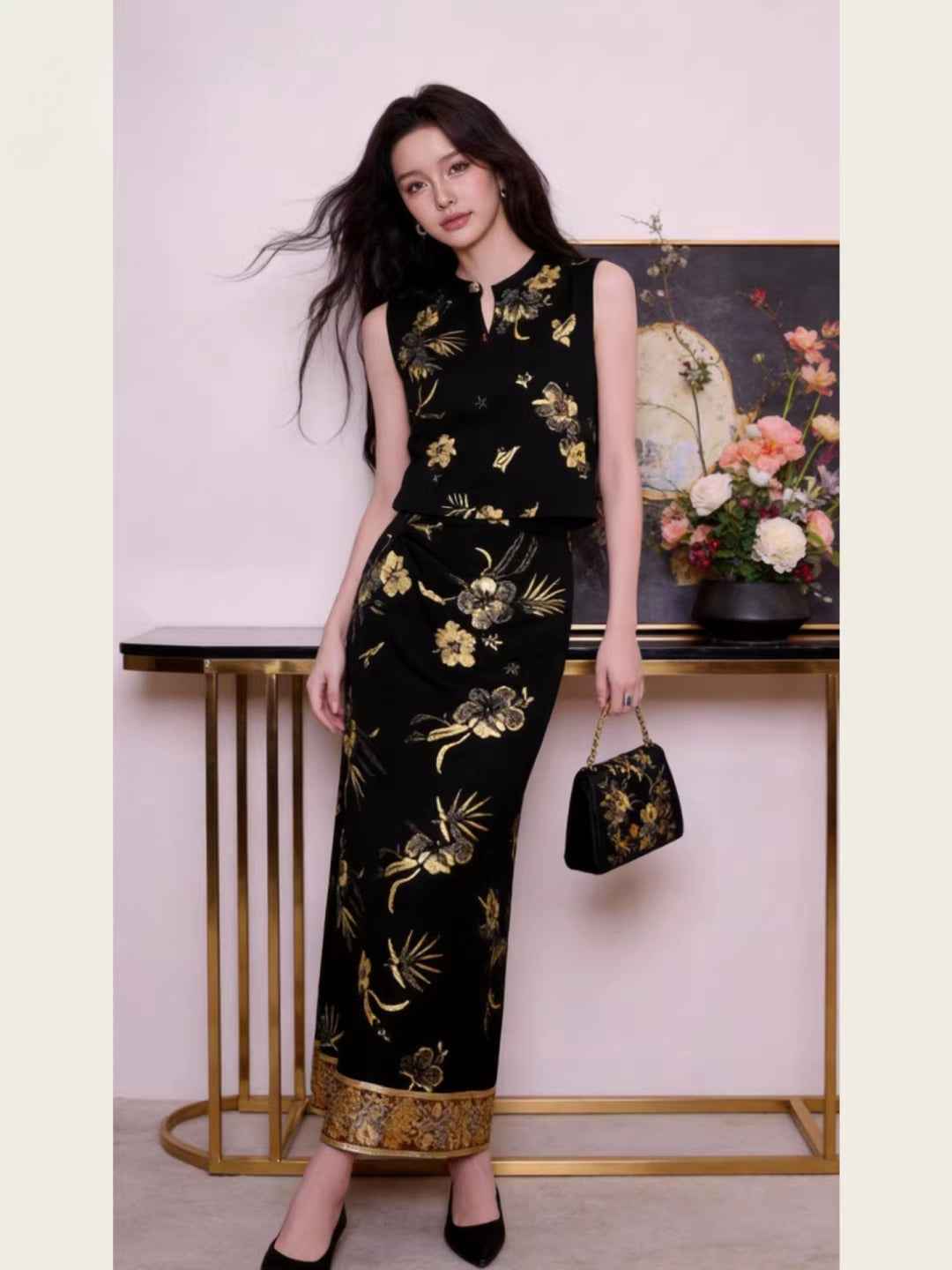 Quality description a complete set of new Chinese style ootd wear with bronzing printing improved vest & skirt two-piece set