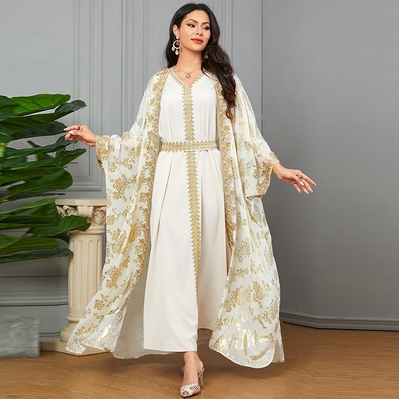Turkey Dubai women's bronzing V-neck two-piece robe summer dress temperament luxury dress Malay travel dress middle - AuraKin