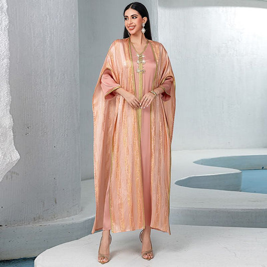 2025 Dubai Style Party Dress Heavy Industry Weaving Gold V-Neck Two-piece Dress South East Asia Women's Sewn Diamond Robe - AuraKin