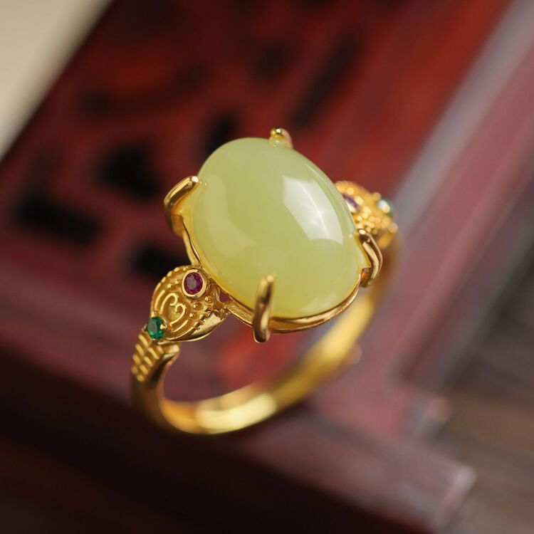 Natural Hetian Jade Ruyi Ring S925 Silver-Plated Open Ring Wholesale Yellow - AuraKin