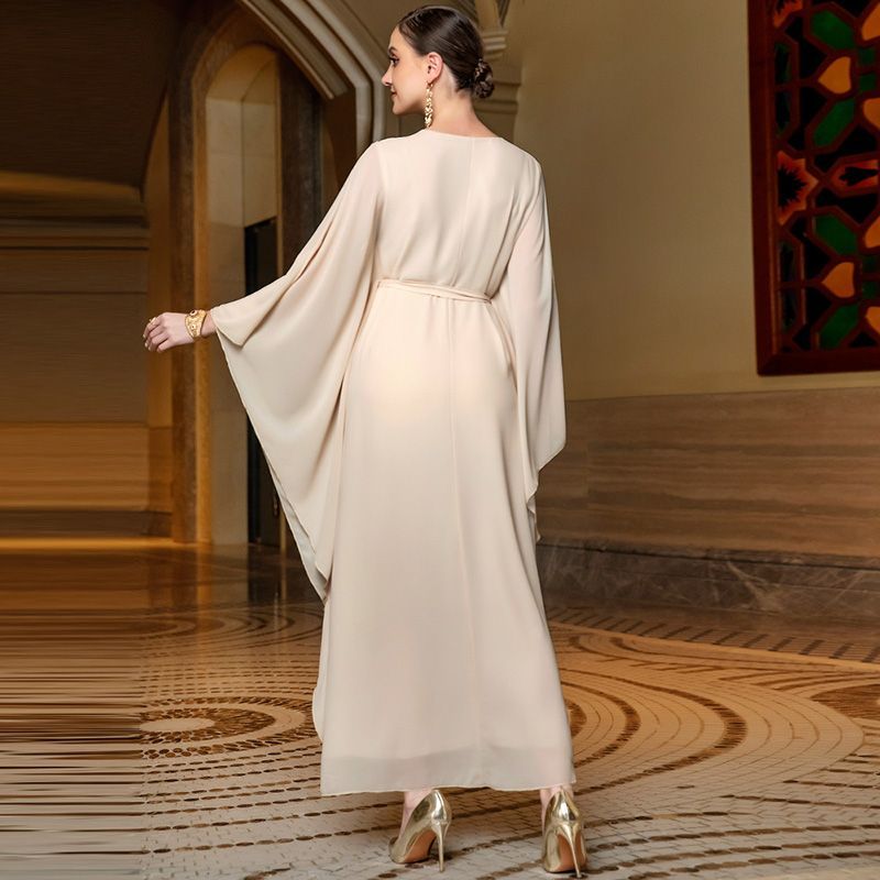 Middle East Arabian Dress Beige Symphony Butterfly Sleeve Dress Summer Dress Dubai Women's Noble Chinese Style Robe - AuraKin