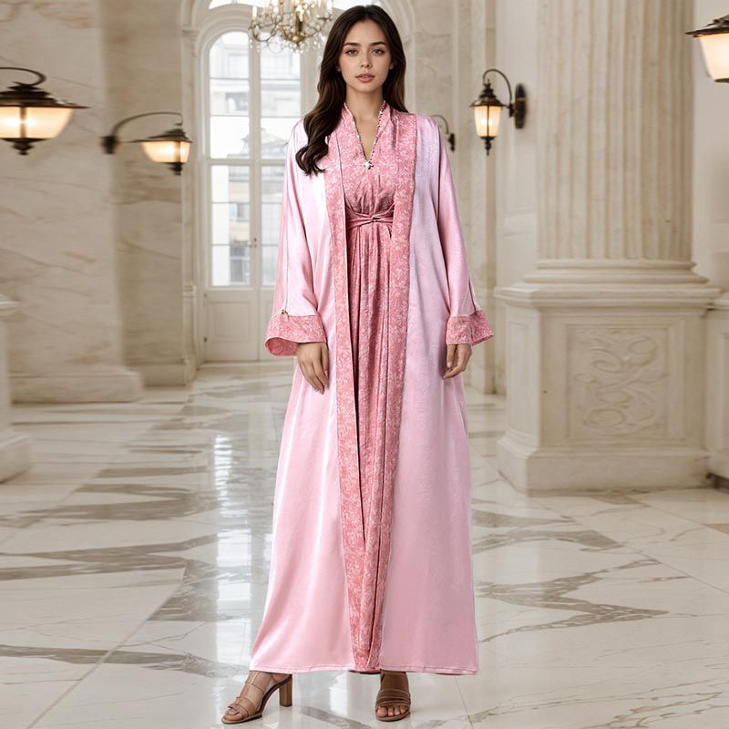 Malaysia Dubai Handmade Rice Bead Dress V-Neck Ethnic Robe Two-piece Turkish Printed Holiday Robe middle - AuraKin