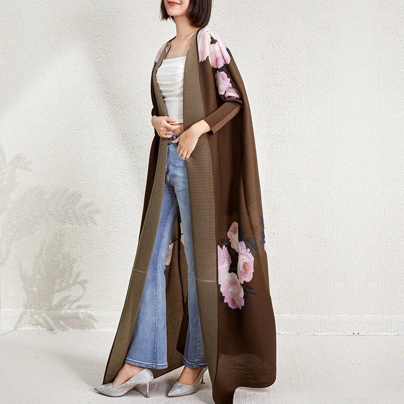 Middle East Dubai Print Women's Pleated Cardigan Robe Dress Pakistan Indonesia Loose Cloak - AuraKin