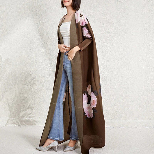 Middle East Dubai Print Women's Pleated Cardigan Robe Dress Pakistan Indonesia Loose Cloak - AuraKin