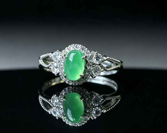 Strong Green Jade Ring, S925 Sterling Silver Inlay, Adjustable Band size