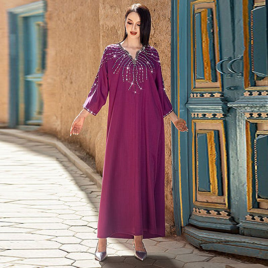 Turkey Dubai Lilac Purple Celebrity Style Long Sleeve Dress Xinjiang Women's Handmade Sewn Rhinestone Malay Robe - AuraKin