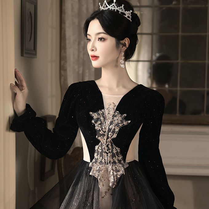 New Year's Black Evening Dress French Banquet Premium Sense Light Luxury Niche High-end Dinner Annual Meeting Host Bar Mitzvah middle - AuraKin