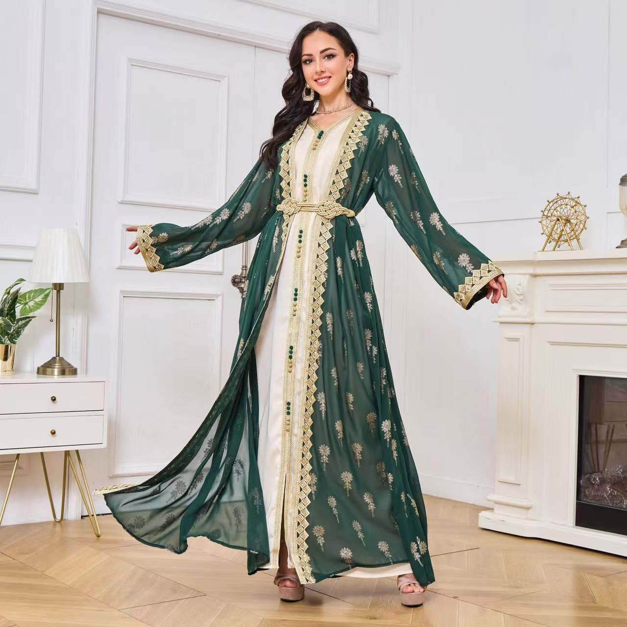 Large Size Women's Robe Embroidered Cardigan Dubai Middle East Two-piece Dress V-Neck European and American Long Sleeve Bohemia - AuraKin