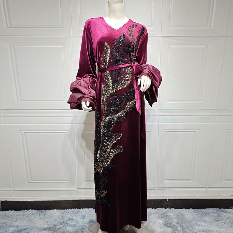 Autumn and winter bubble sleeves elegant style Arab dress golden velvet noble three-dimensional bead embroidered Dubai robe middle - AuraKin