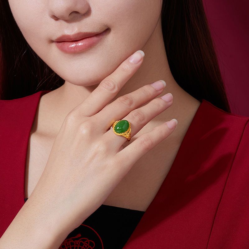 Aurakin, gold inlaid jade ring women's gold Hetian jade ring inlaid jasper open gold ring women's ring - AuraKin