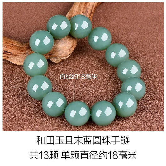 Natural Hetian jade bracelet men's blue and white jade round bead bracelet natural Xinjiang jade transfer men's bracelet. - AuraKin
