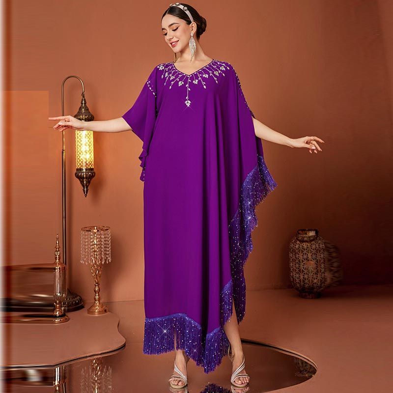 Dubai style women's luxury sequined fringed dress V-neck bat sleeve elegant dress Xinjiang irregular robe middle - AuraKin