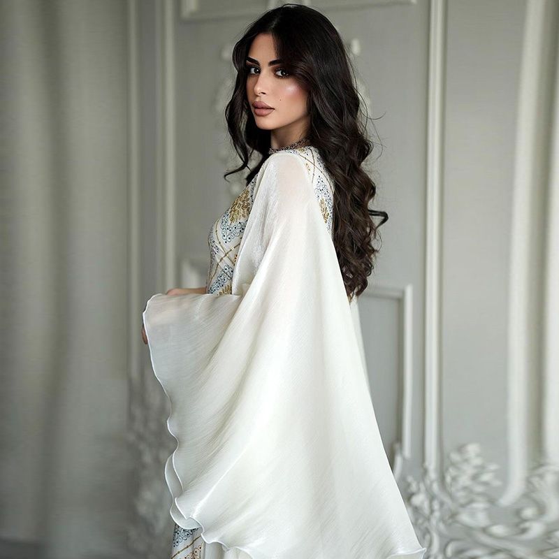 2025 Summer Dubai Style Women's White Robe Bat Sleeve Crew Neck Temperament Elegant Dress Malay Sequins Embroidered Robe middle - AuraKin